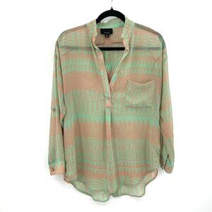 LUMIERE Mint Green Tan Aztec Sheer Roll Tab Sleeve Button Back Blouse Small